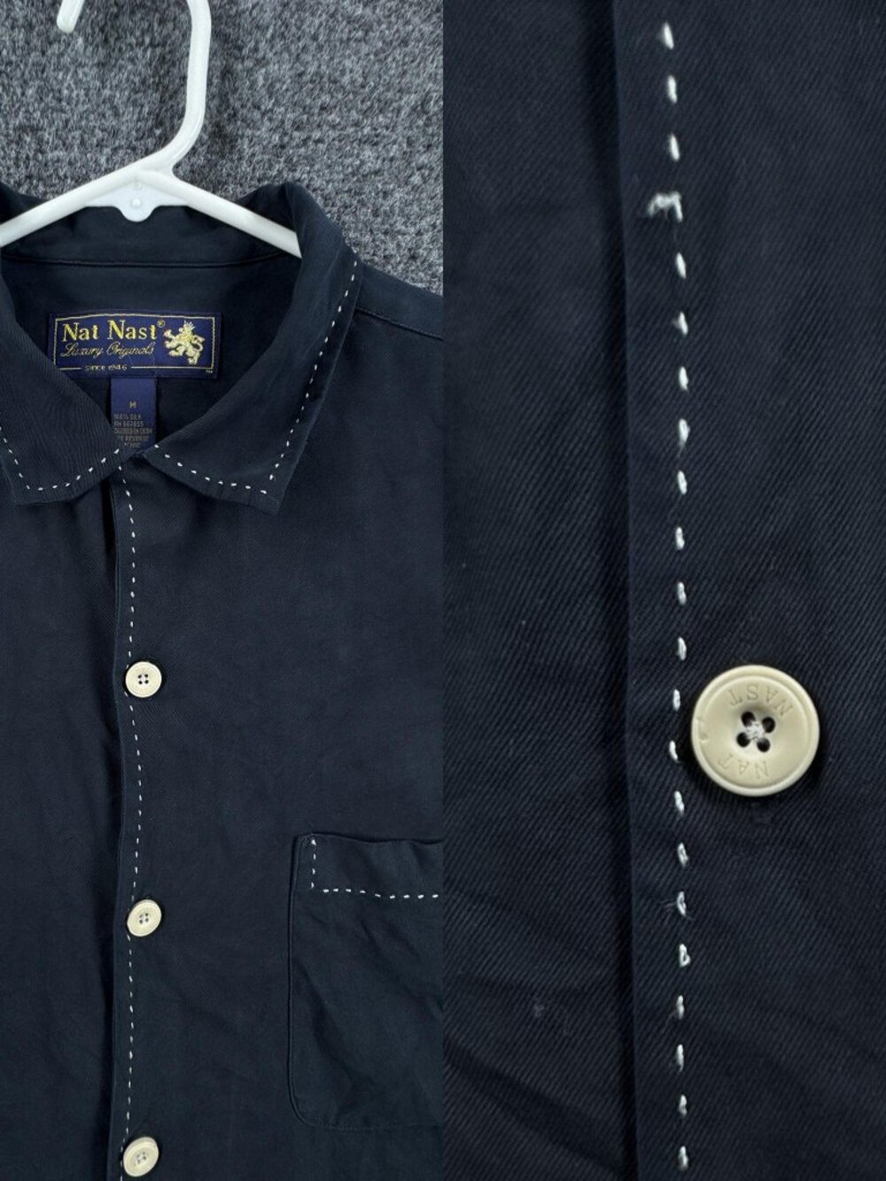 Nat Nast Luxury Men Short Sleeve Navy Silk Medium Blue Retro Solid Button Up